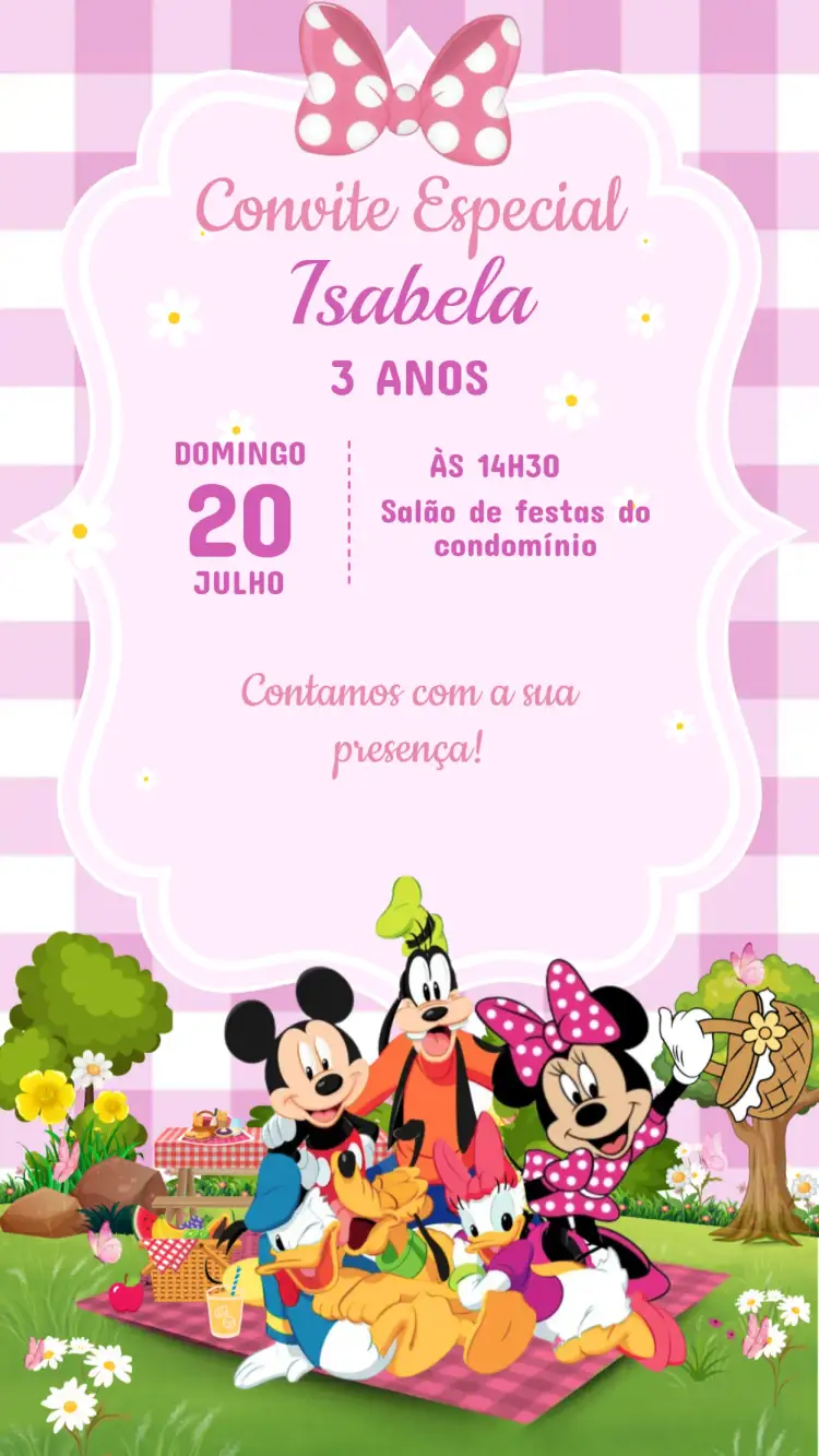 Convite Convite Aniversário MINNIE – tema Aniversário Infantil rosa, lúdico, divertido, colorido, infantil, Disney