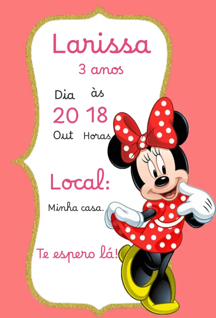 Convite Convite aniversário Minnie – tema Aniversário colorido, divertido, infantil, temático, lúdico, mágico