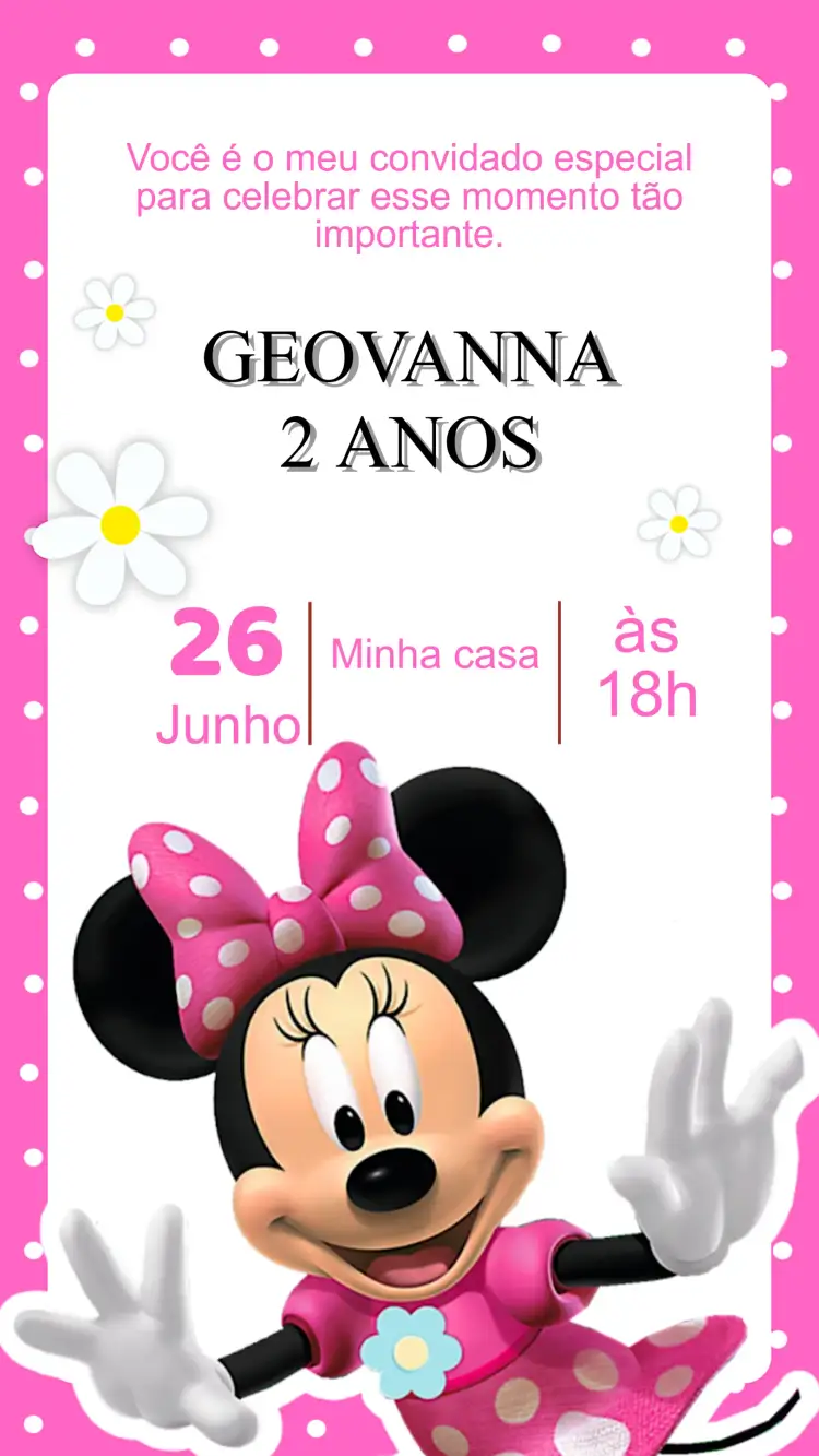 Convite Convite Aniversário Minnie Rosa – tema Aniversário Infantil rosa, vermelho, Disney, poá, feminino, mágico
