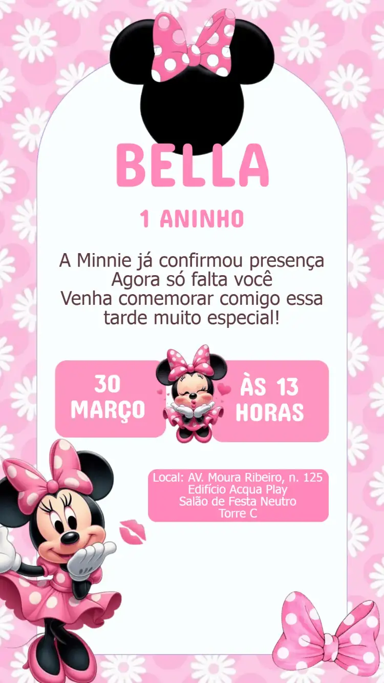 Convite Convite Aniversário Minnie Rosa – tema Aniversário Infantil rosa, divertido, infantil, tema Minnie, colorido, lúdico