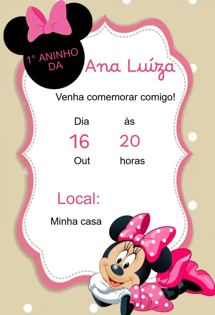 Convite Convite aniversário Minnie Rosa – tema Aniversário Infantil rosa, divertido, infantil, lúdico, celebração, temático