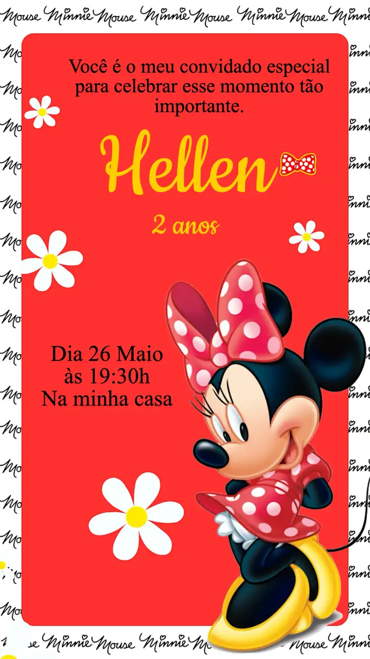 Convite Convite Aniversário Minnie Vermelha – tema Aniversário Infantil cores vibrantes, estilo Disney, elementos gráficos fofos, poás, laços, glamour