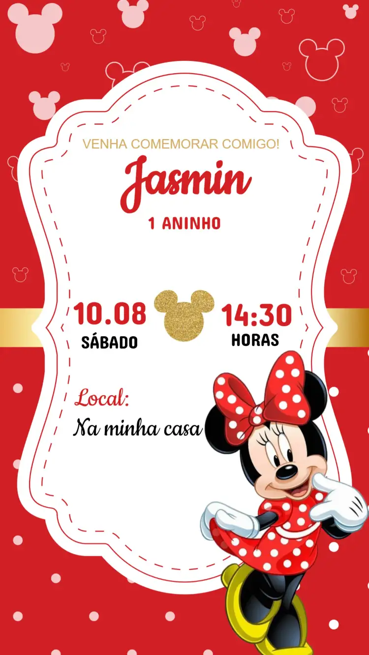 Convite Convite Aniversário Minnie Vermelha – tema Aniversário Infantil vermelho, preto, divertido, infantil, colorido