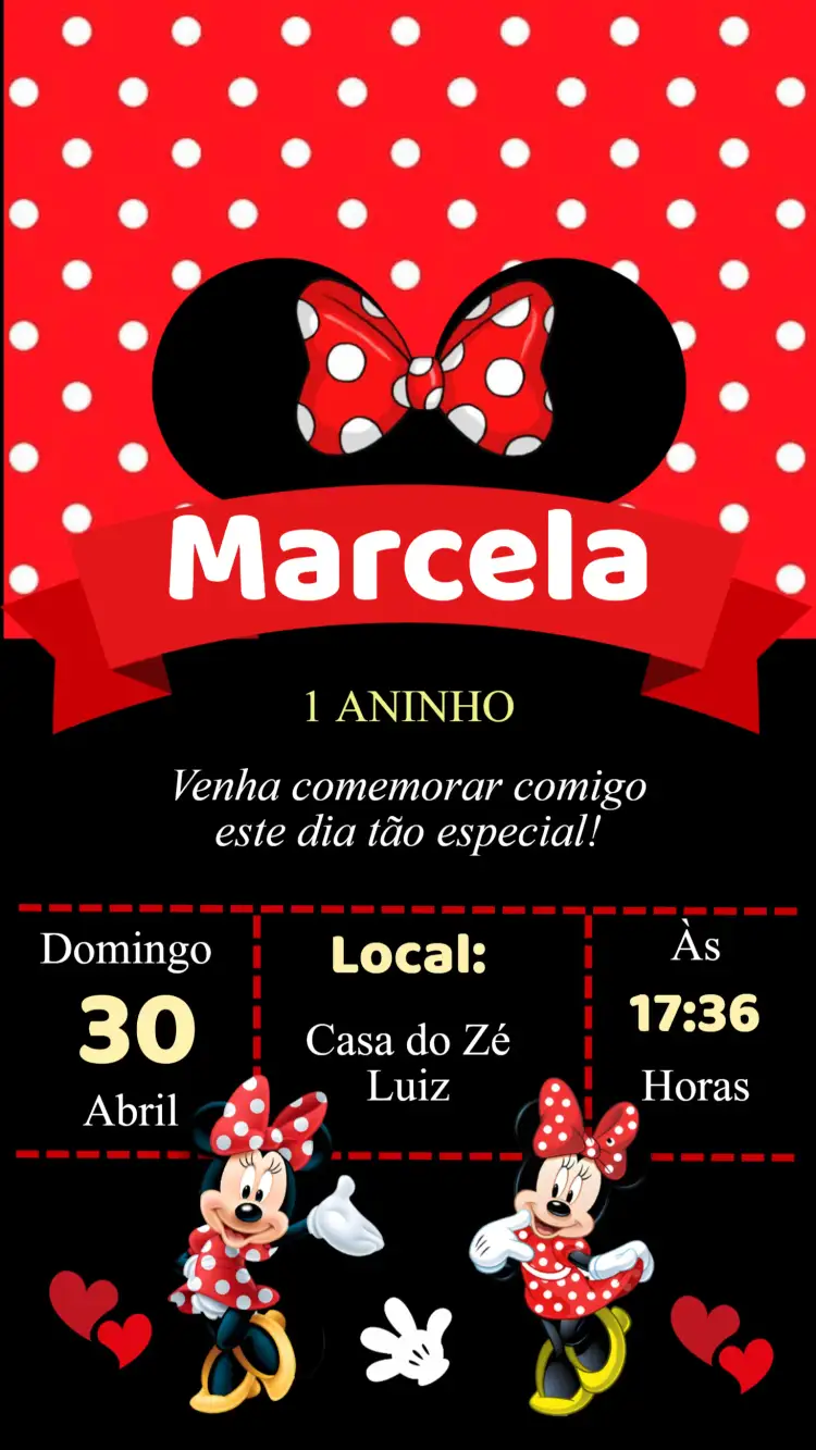 Convite Convite Aniversário Minnie Vermelha – tema Aniversário Infantil vermelho, preto, divertido, infantil, colorido, feminino