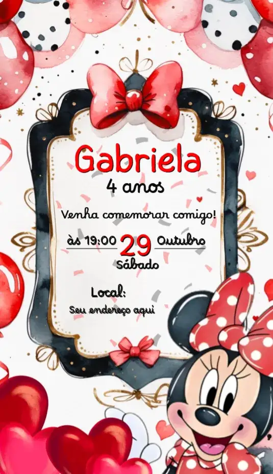 Invitación Convite aniversário Minnie Vermelha – tema Aniversário Infantil cores vibrantes, estilo infantil, elementos gráficos da Minnie, design divertido, temática de personagens, festa alegre