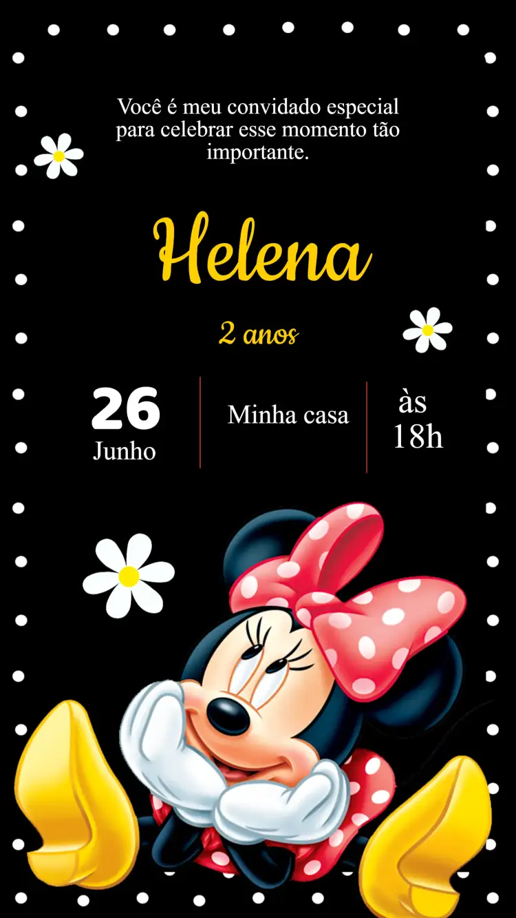 Convite Convite Aniversário Minnie Vermelha – tema Aniversário Infantil cores vibrantes, estilo Disney, detalhes em poá, laços elegantes, elementos lúdicos
