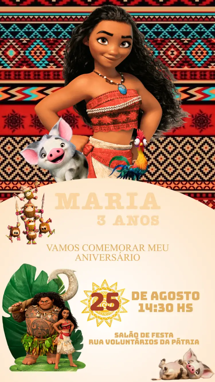 Convite Convite Aniversário Moana – tema Aniversário Infantil tropical, marinho, colorido, Disney, aventura, ilustrativo