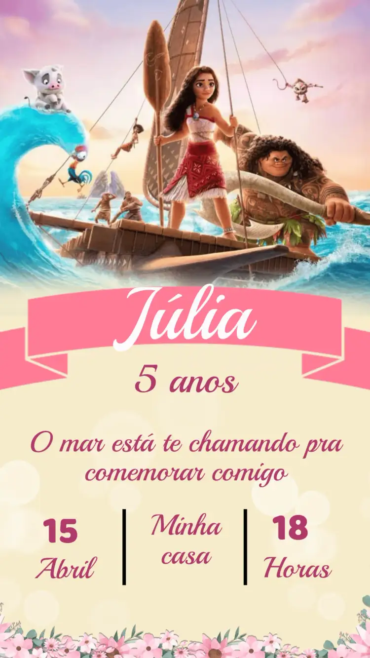 Convite Convite Aniversário Moana – tema Aniversário Infantil tropical, colorido, aventura, marinho, ilustrativo