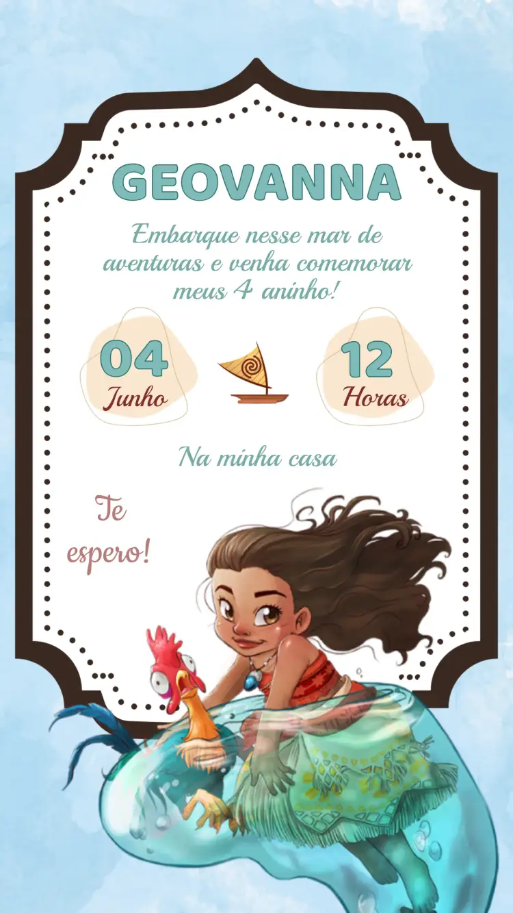 Convite Convite Aniversário Moana – tema Aniversário Infantil cores tropicais, elementos do oceano, estilo polinês, vibrante, divertido, aventureiro