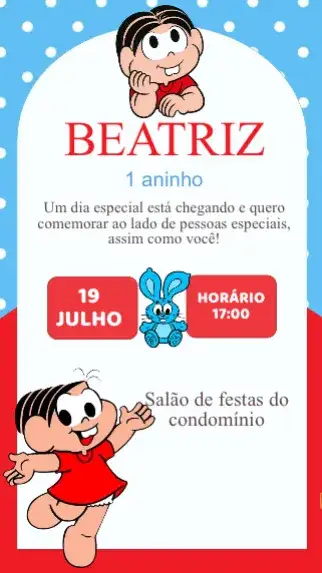 Convite Convite Aniversário Mônica - Turma da Mônica – tema Aniversário Infantil colorido, lúdico, divertido, infantil, vibrante