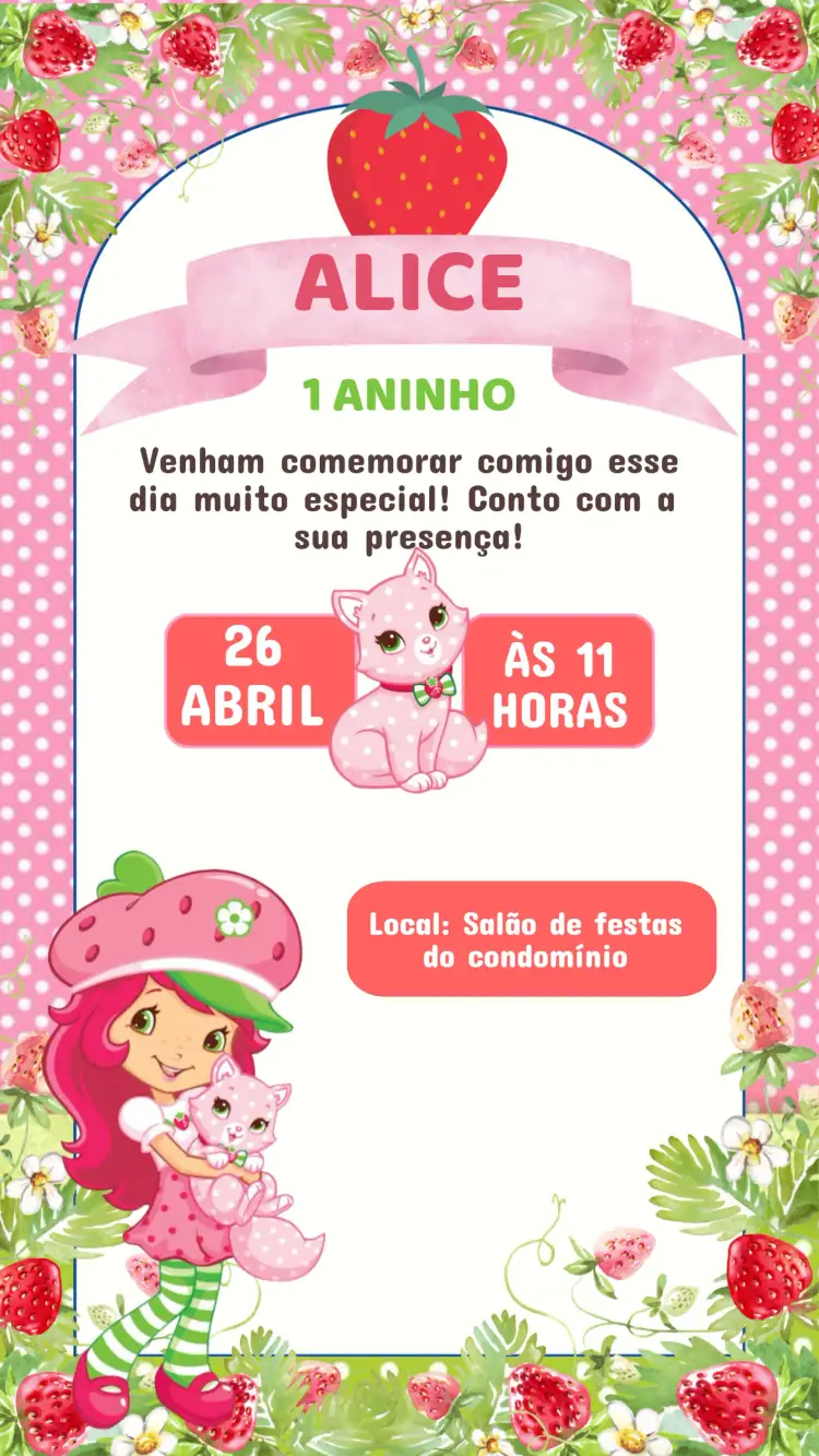Convite Convite Aniversário Moranguinho – tema Aniversário Infantil cores vibrantes, ilustrações de frutas, estilo lúdico, design infantil, elementos gráficos divertidos, tema moranguinho