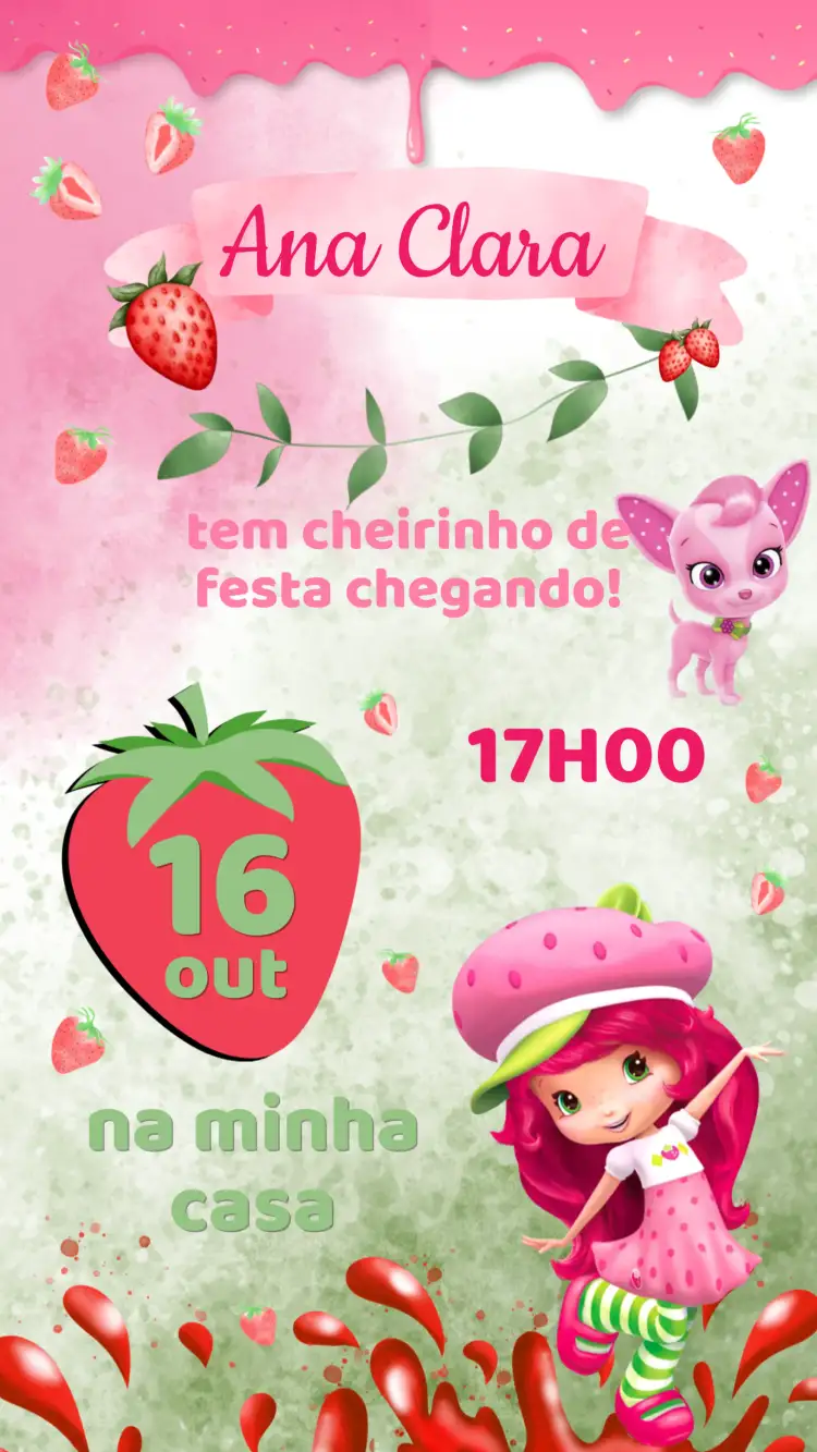 Convite Convite Aniversário Moranguinho – tema Aniversário Infantil floral, colorido, natureza, divertido, infantil