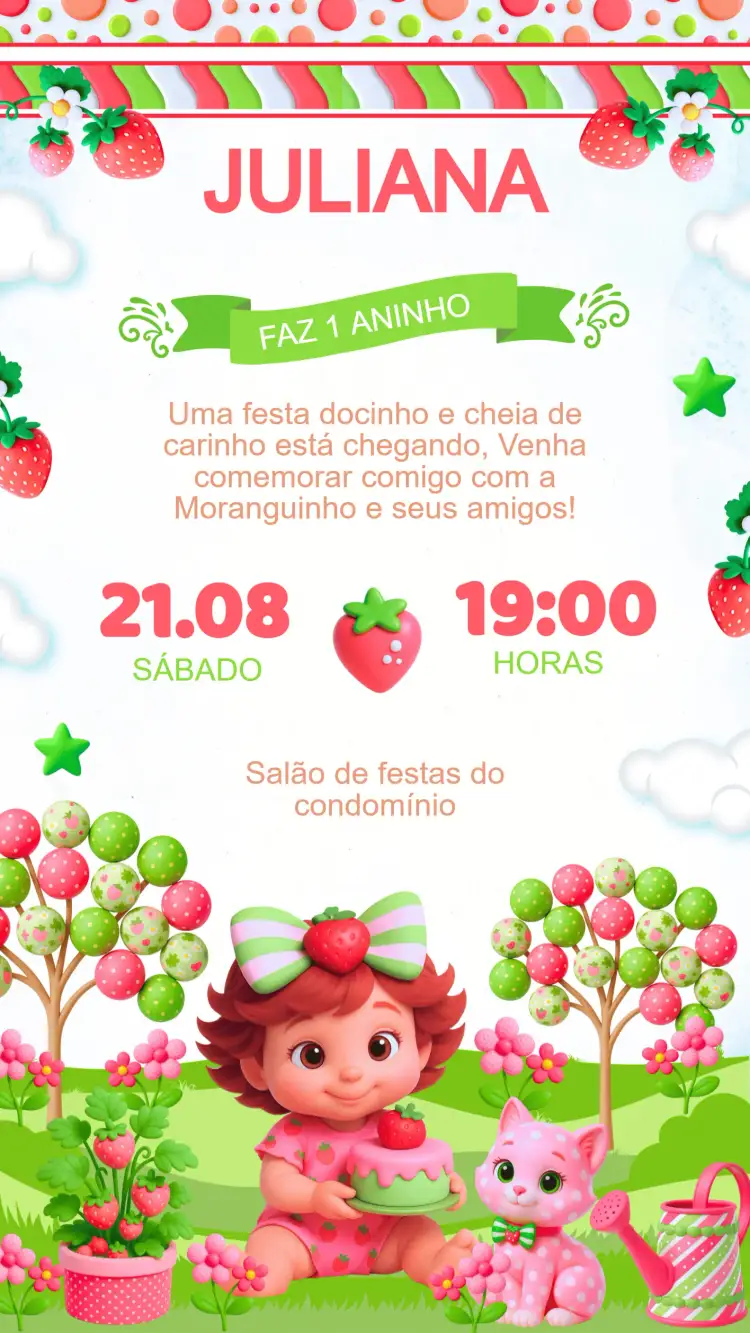 Convite Convite Aniversário Moranguinho Baby – tema Aniversário Infantil cores pastel, elementos gráficos de frutas, estilo lúdico, design infantil, tema alegre, estilo moderno