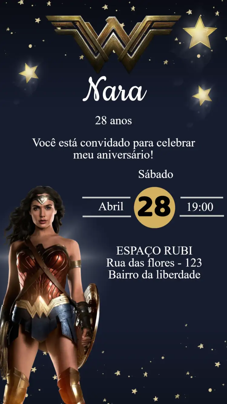 Convite Convite Aniversário Mulher Maravilha – tema Aniversário colorido, super-herói, vibrante, moderno, divertido
