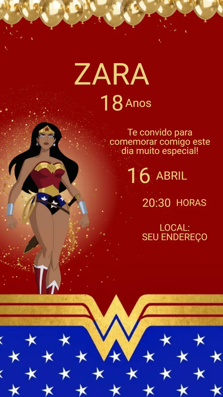 Convite Convite Aniversário Mulher Maravilha Adulto – tema Aniversário colorido, super-heróis, moderno, vibrante, dourado