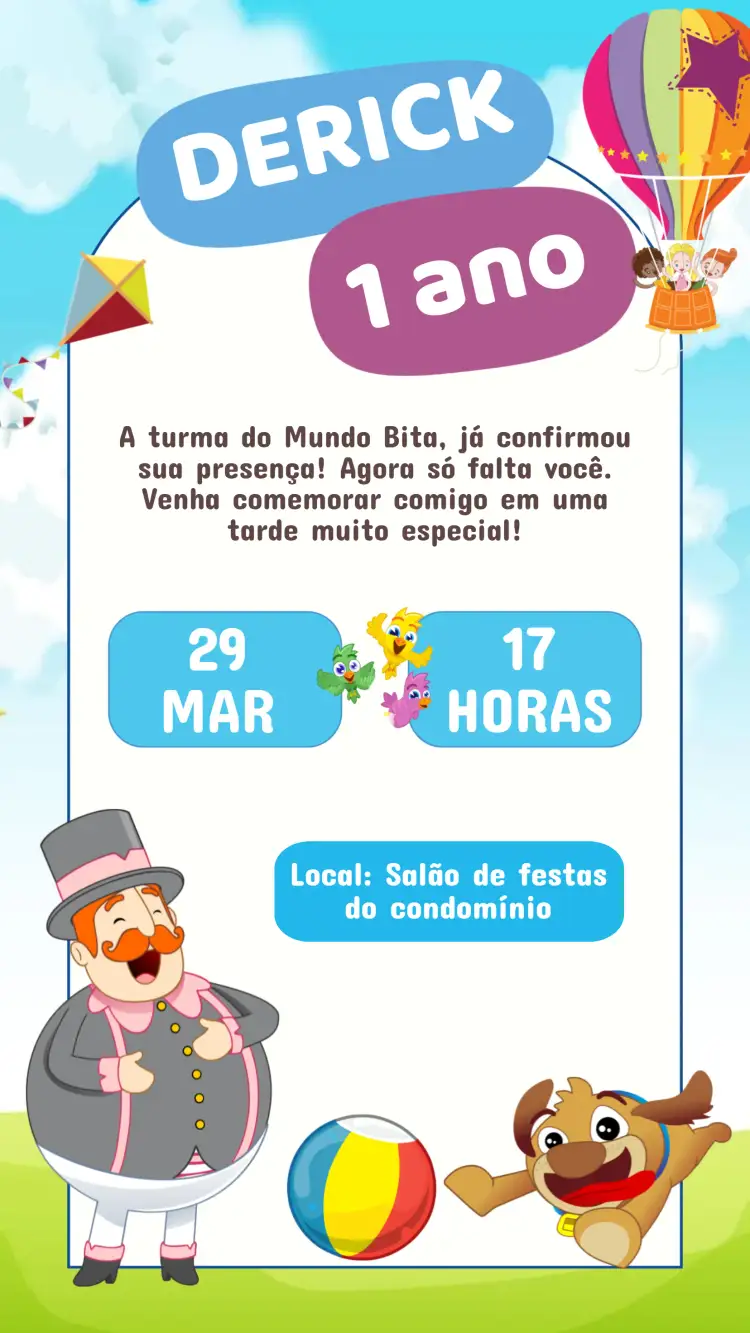 Convite Convite Aniversário Mundo Bita – tema Aniversário Infantil colorido, divertido, ilustração infantil, lúdico, temático