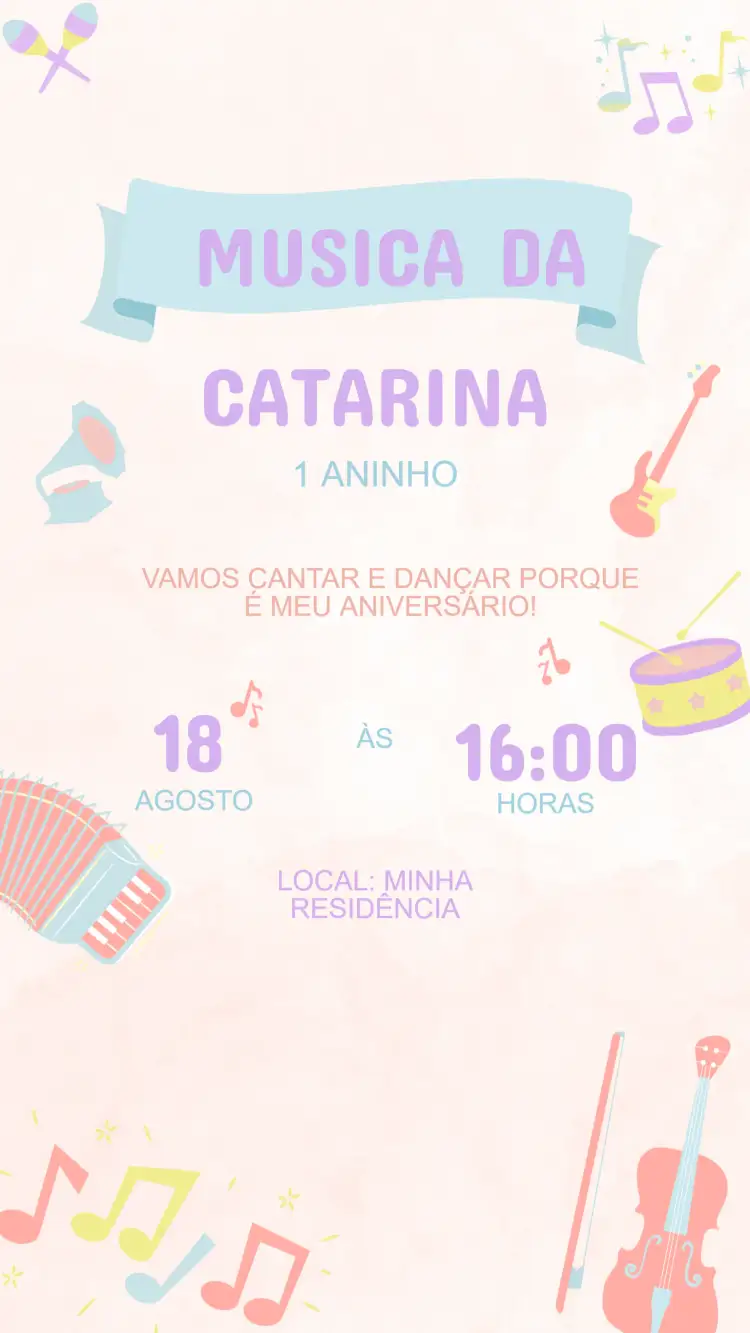 Convite Convite Aniversário Musical – tema Aniversário Infantil colorido, musical, divertido, alegre, infantil
