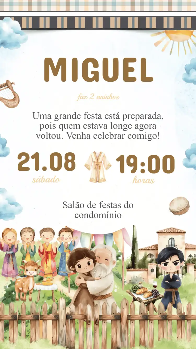 Convite Convite Aniversário O Filho Pródigo – tema Aniversário Infantil ilustrações coloridas, temática infantil, estilo lúdico, design moderno, elementos gráficos divertidos