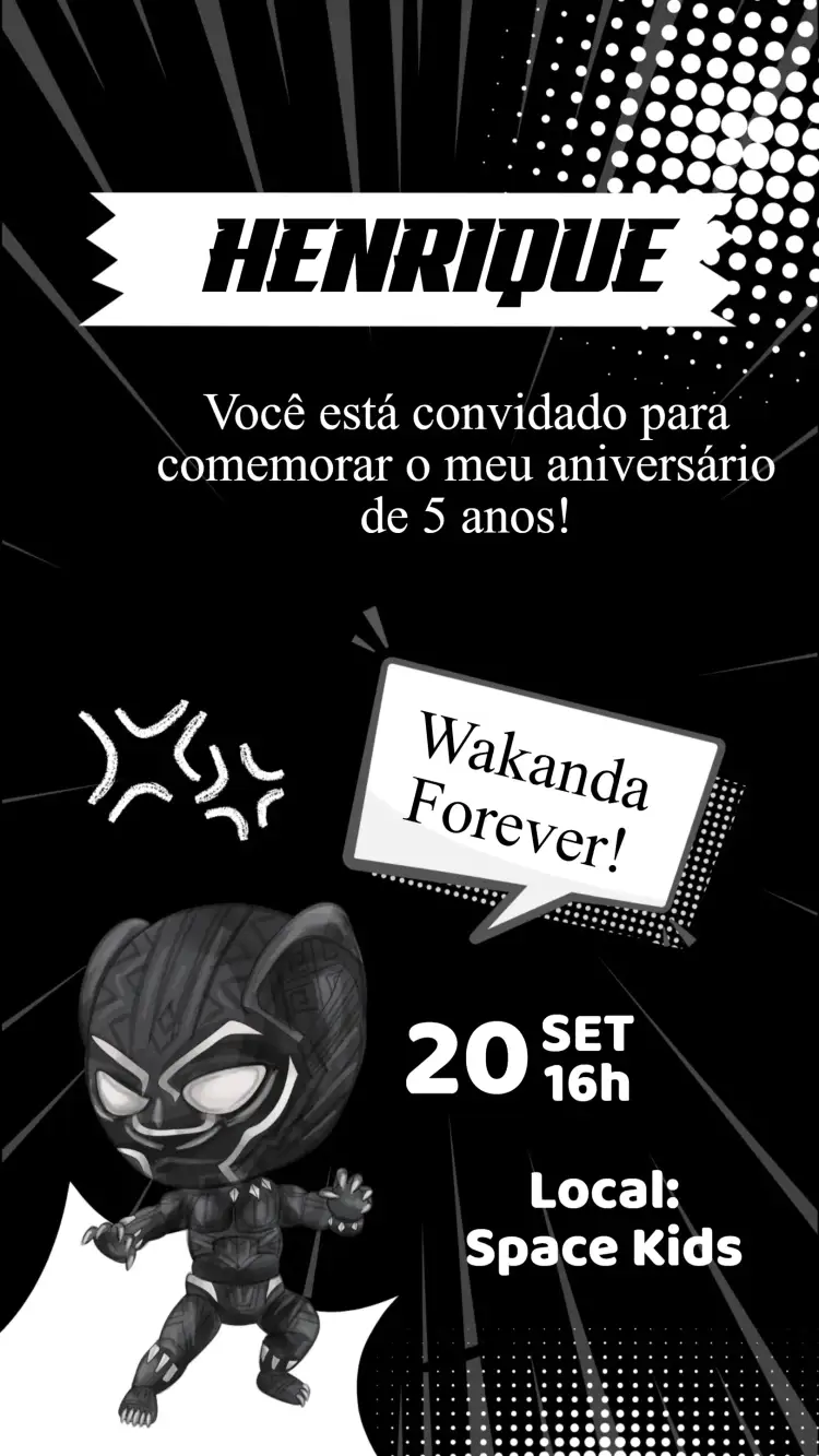 Convite Convite Aniversário O Pantera Negra – tema Aniversário Infantil vibrante, moderno, super-herói, colorido, aventura, fantasia