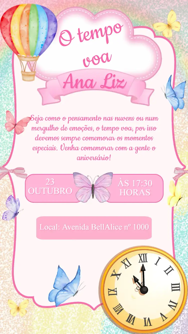 Convite Convite Aniversário O tempo voa – tema Aniversário lúdico, colorido, infantil, aéreo, nostálgico, divertido
