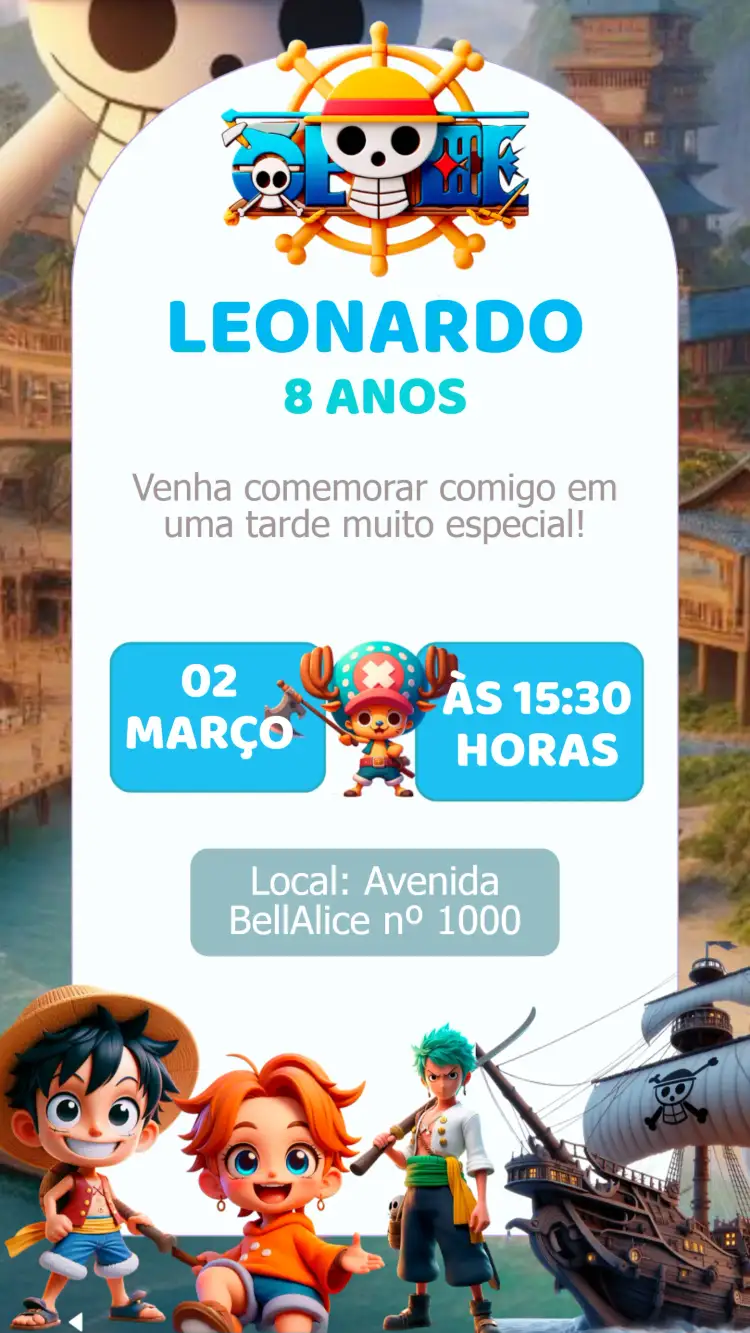 Convite Convite Aniversário One Piece – tema Aniversário Infantil colorido, pirata, aventura, anime, divertido