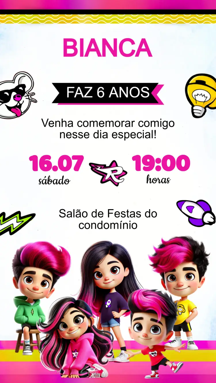 Convite Convite Aniversário os Rosas Emilly Vick – tema Aniversário Infantil floral, romântico, delicado, colorido, moderno