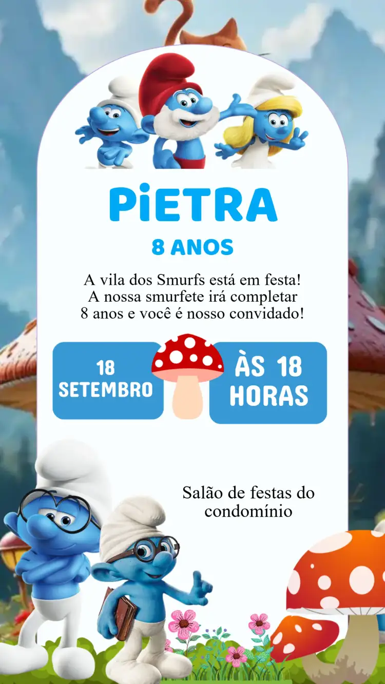 Convite Convite Aniversário Os Smurfs – tema Aniversário Infantil azul e branco, divertido, ilustrações coloridas, estilo cartoon, temática de desenho animado
