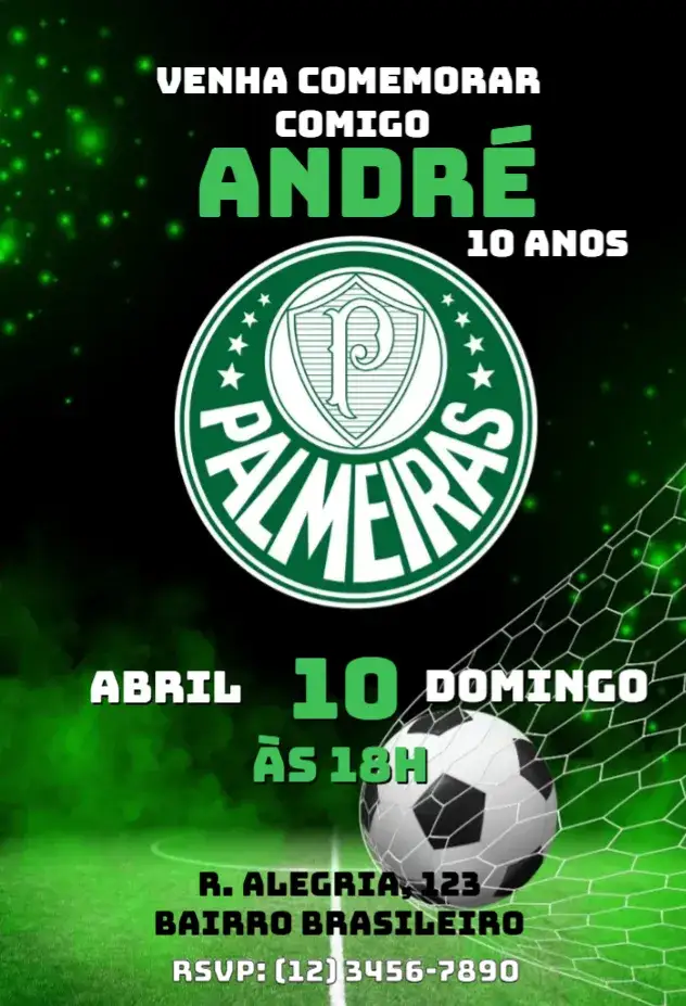 Invitation Palmeiras Birthday Invitation – Kids' Birthday Party theme soccer, green and white, modernity, fun, youthful, thematic