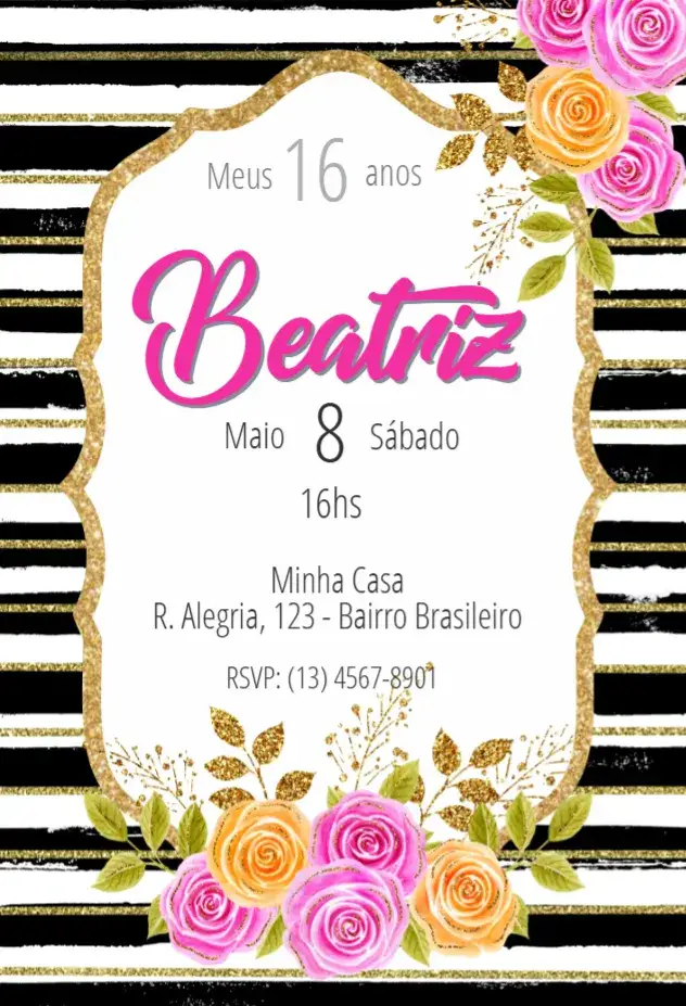 Invitación Convite Aniversário para todas as idades – tema Aniversário floral, glitter, listrado, moderno, colorido, elegante