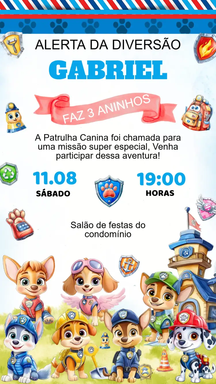 Convite Convite Aniversário Patrulha Canina – tema 15 anos colorido, aventura, infantil, divertido, heróico