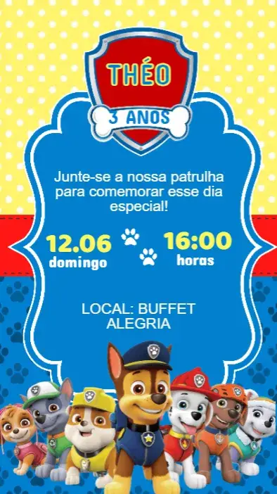 Convite Digital Patrulha Canina Infantil Editável e Personalizado
