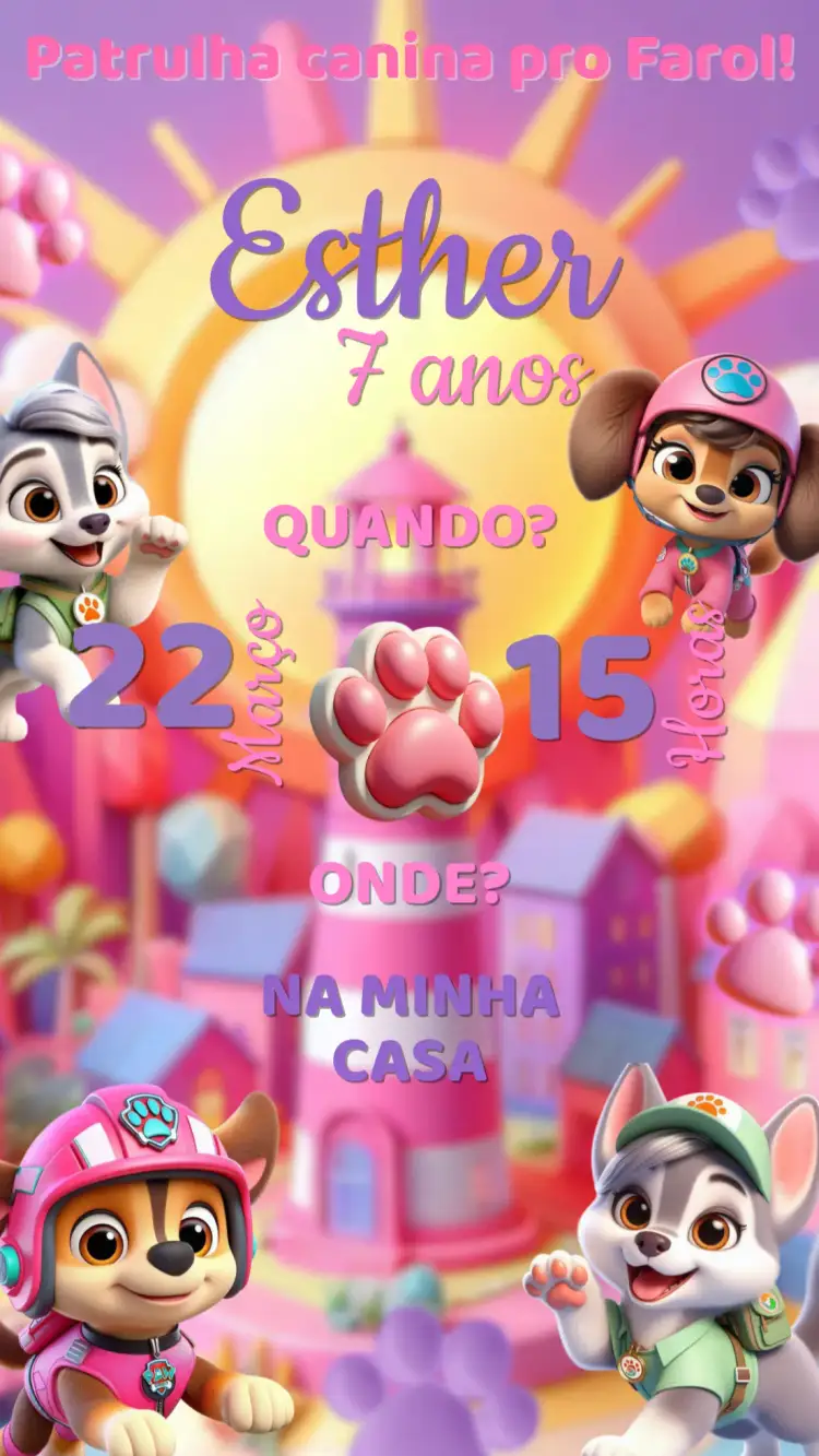 Convite Convite Aniversário Patrulha Canina menina – tema Aniversário Infantil cores pastel, ilustrações divertidas, estilo cartoon, tema de aventura, elementos gráficos da Patrulha Canina
