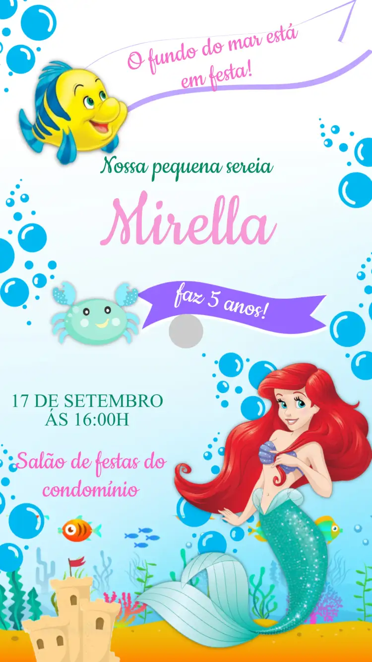 Convite Convite Aniversário Pequena Sereia Ariel – tema Aniversário Infantil marinho, colorido, fantasia, divertido, temático