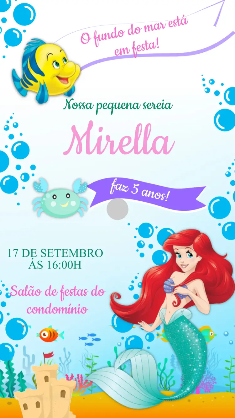 Convite Aniversário Pequena Sereia Ariel