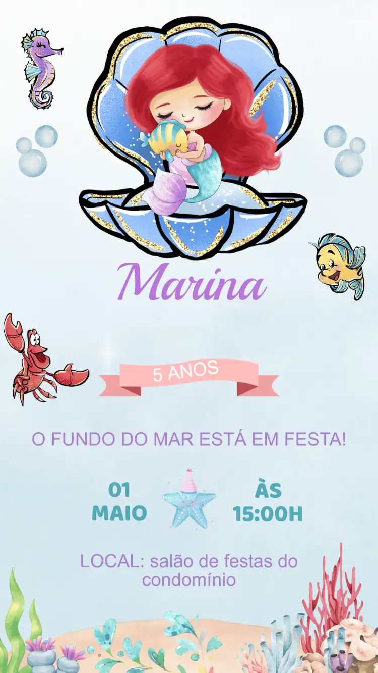 Convite Convite Aniversário Pequena Sereia Ariel – tema Aniversário Infantil cores vibrantes, estilo lúdico, elementos marinhos, fantasia, design alegre, inspirado em contos de fadas