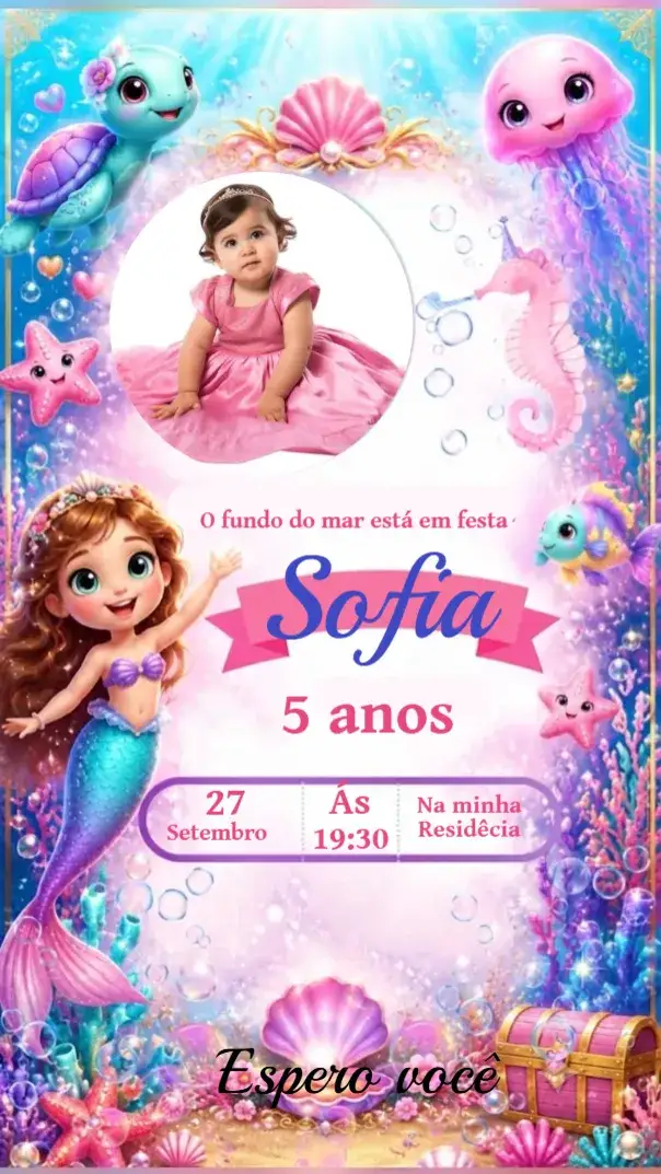 Invitación Convite Aniversário pequena sereia fundo do mar – tema Aniversário Infantil fundo do mar, sereia, colorido, fantasia, marinho