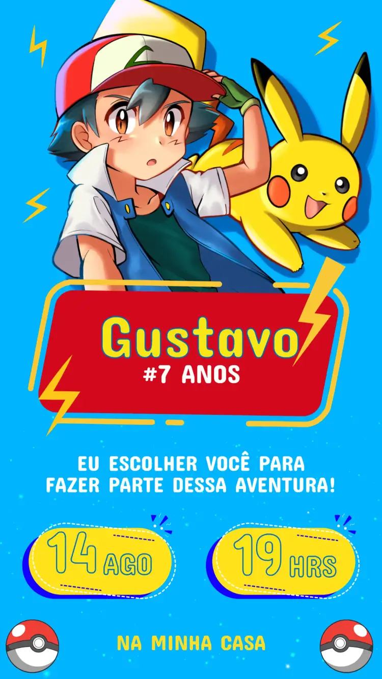 Convite Convite Aniversário Pikachu Pokémon – tema Aniversário Infantil colorido, divertido, jovial, temático, infantil, aventura