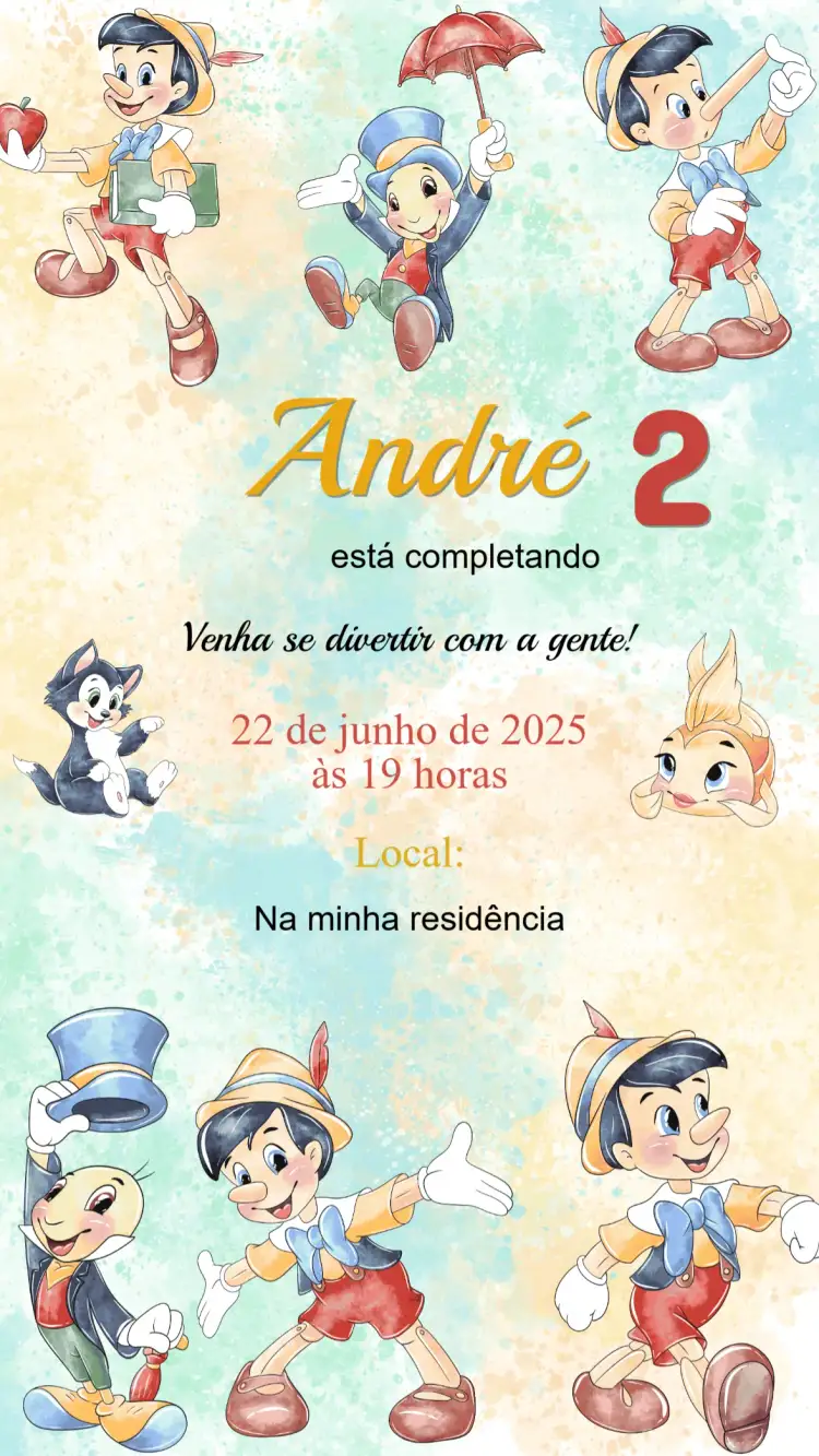 Convite Convite Aniversário Pinóquio – tema Aniversário Infantil colorido, lúdico, ilustrações de contos de fadas, divertido, brincalhão