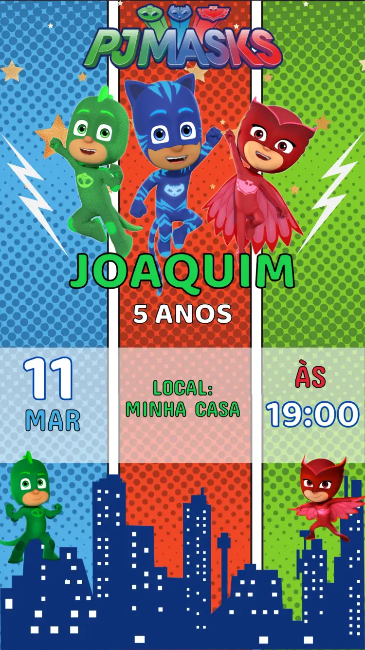 Convite Convite Aniversário PJ Mask – tema Aniversário Infantil colorido, divertido, infantil, temático, super-heróis