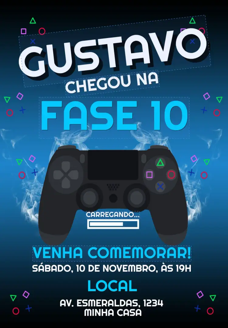 Convite Convite Aniversário Playstation 4 Gamer – tema Aniversário Infantil moderno, gamer, colorido, divertido, tecnológico