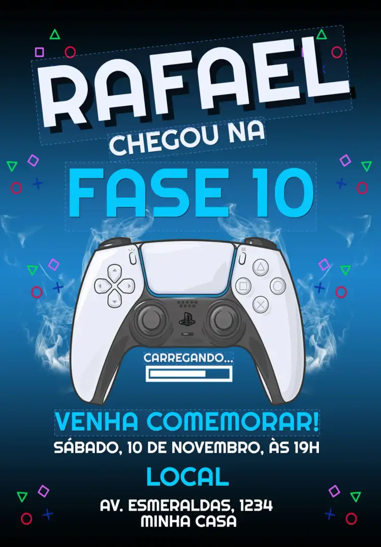 Convite Convite aniversário playstation 5 – tema Aniversário Infantil gamer, moderno, vibrante, azul, divertido
