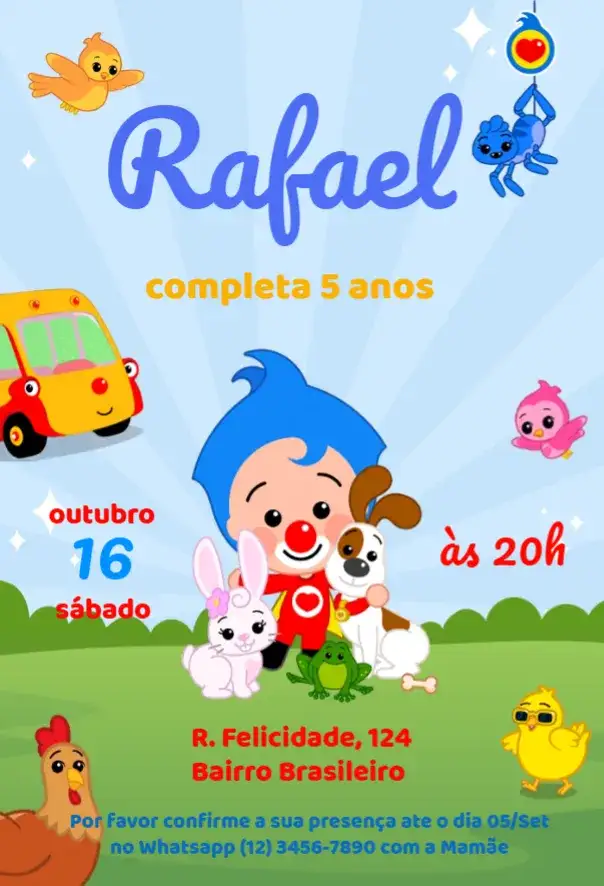 Invitación Invitación Cumpleaños Plim Plim para Editar – tema Cumpleaños Infantil colorido, divertido, lúdico, infantil, brincalhão, alegre
