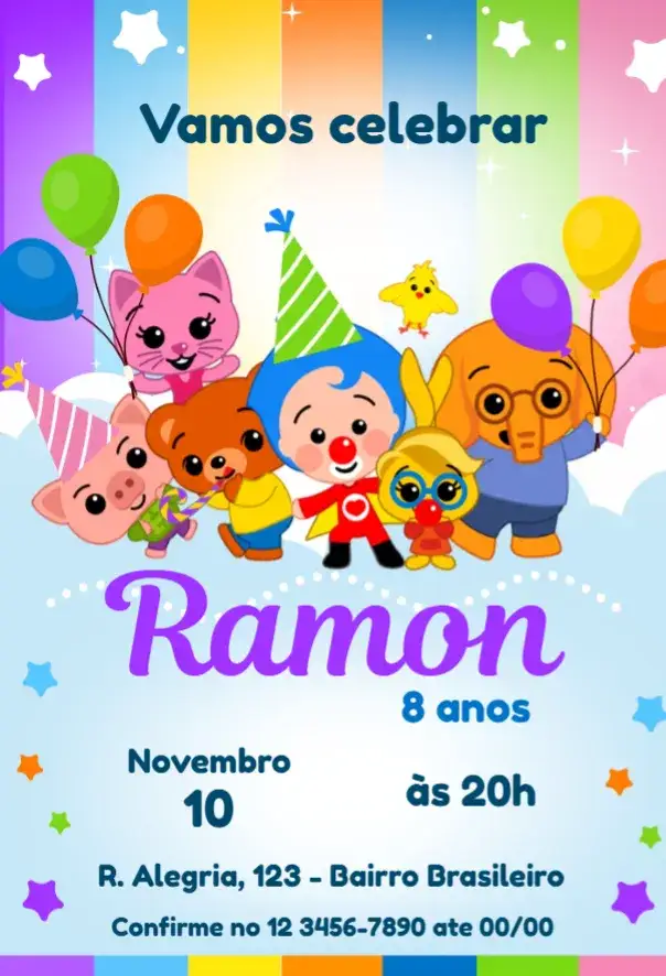 Invitación Invitación Cumpleaños Plim Plim para Editar – tema Cumpleaños Infantil colorido, divertido, infantil, lúdico, moderno