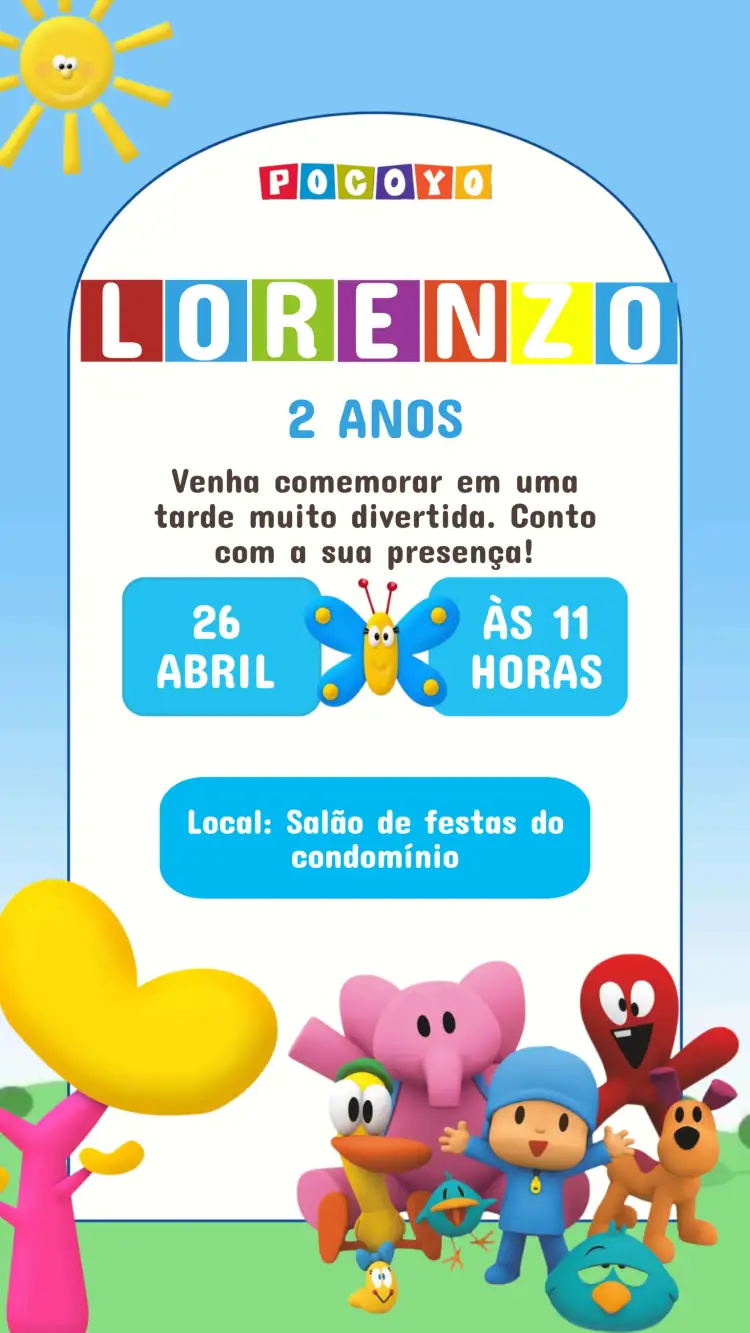 Convite Convite Aniversário Pocoyo – tema Aniversário Infantil colorido, divertido, infantil, animado, ilustrações de personagens, brincalhão