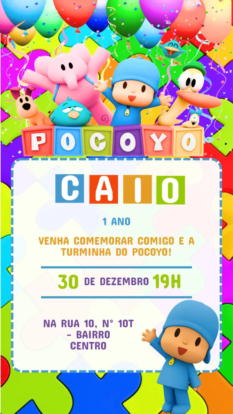 Convite Convite Aniversário Pocoyo – tema Aniversário Infantil colorido, divertido, infantil, temático, brincalhão