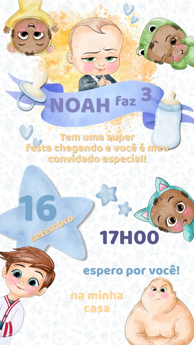 Convite Convite Aniversário Poderoso Chefinho – tema Aniversário Infantil moderno, divertido, corporativo, colorido, infantil