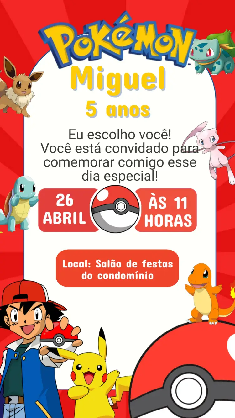 Convite Convite Aniversário Pokémon – tema Aniversário Infantil colorido, divertido, fantástico, jovial, jogos, ilustrações animadas