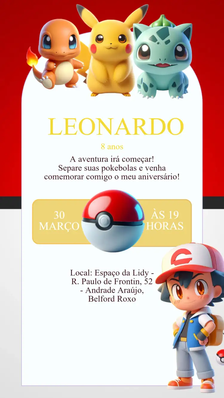 Convite Convite Aniversário Pokémon – tema Aniversário Infantil colorido, divertido, temático, jovial, animado