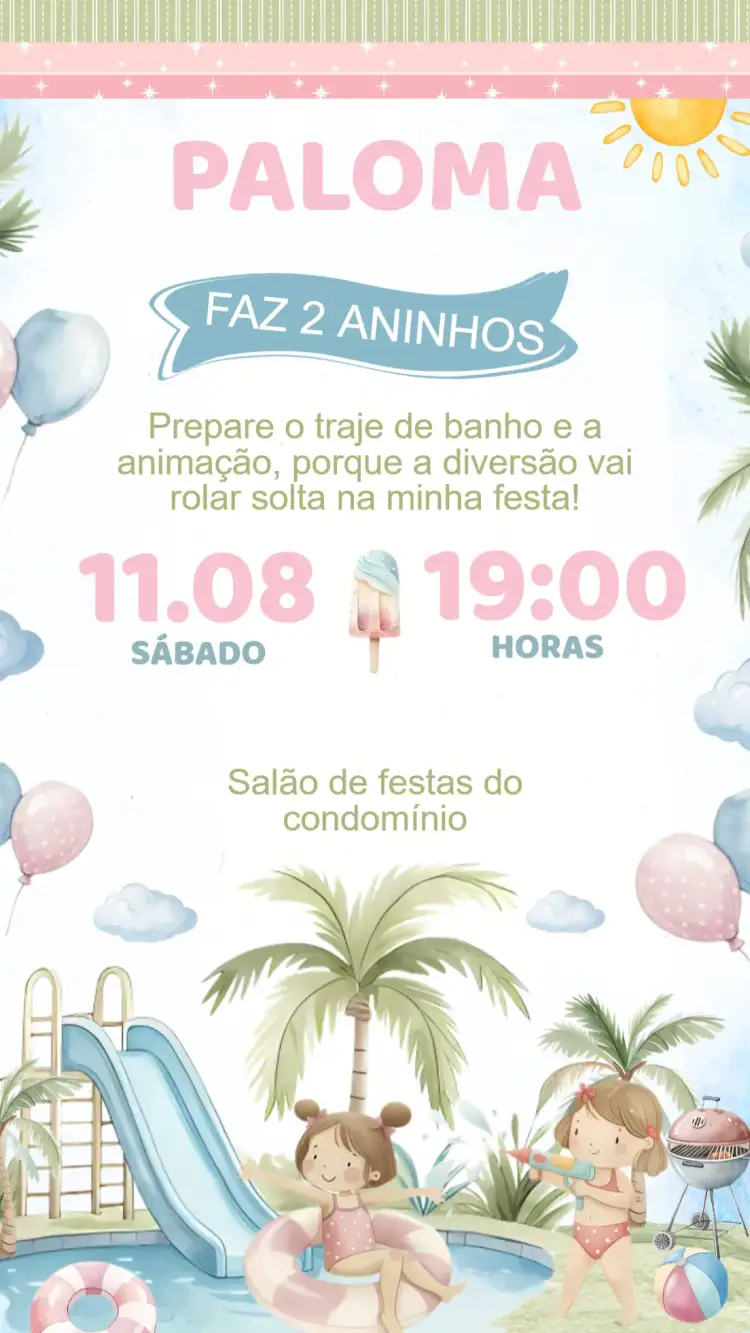 Convite Convite Aniversário Pool Party – tema Aniversário Infantil colorido, tropical, verão, divertido, marinho, alegre