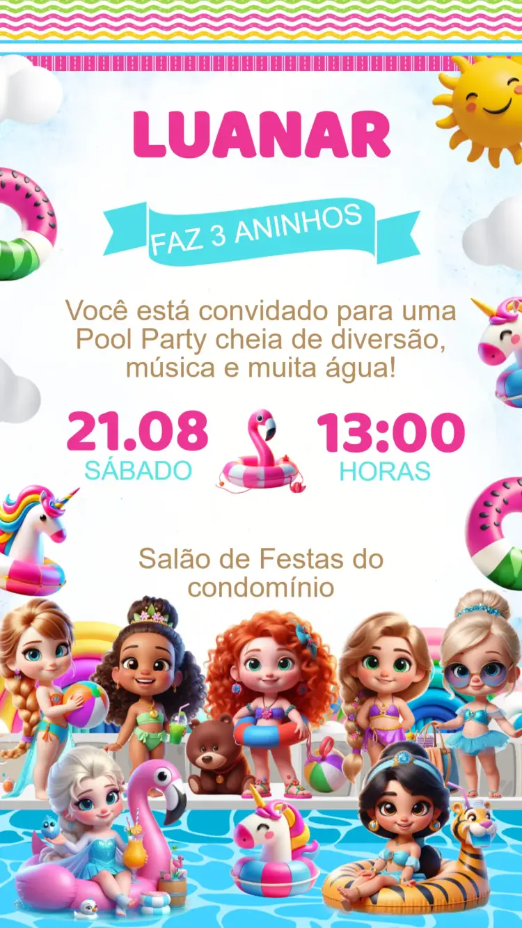 Convite Aniversário Pool Party das Princesas